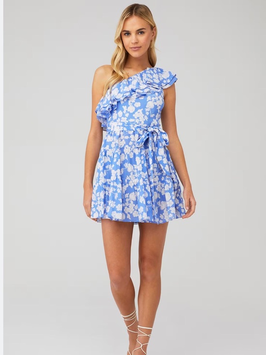 Yumi Kim Dresses & Skirts - Yumi Kim Sky Blue Floral Ruffle One-Shoulder Dress